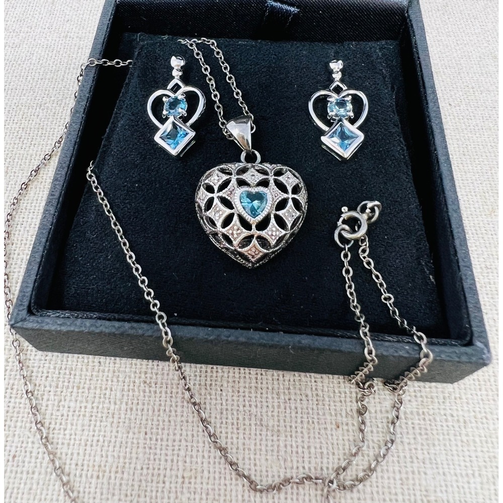 Sterling Silver Blue Topaz Heart Filigree Necklace & Earring Set